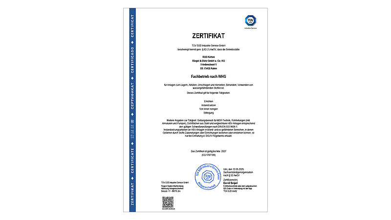 TÜV SÜD Zertifikat für RUD Ketten Rieger & Dietz GmbH u. Co. KG als Fachbetrieb nach WHG für Anlagen mit wassergefährdenden Stoffen.