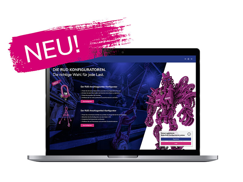 Laptop mit geöffneter deutschsprachiger RUD-Webseite zu den neuen Konfiguratoren für Anschlagpunkte und Anschlagmittel, mit pinkem „NEU!“-Banner.