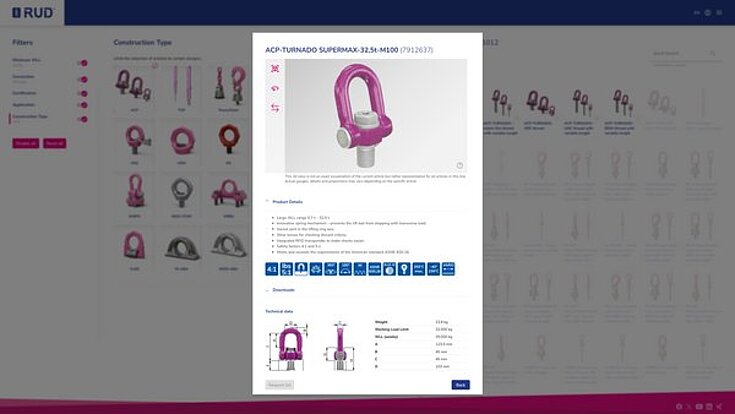 Screenshot of the RUD configurator with shape filters and compatible lifting points.