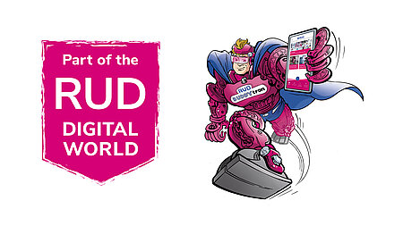 Comic-Held BUDDYtron als Symbolfigur der RUD Digital World mit Smartphone und pinkem Branding.