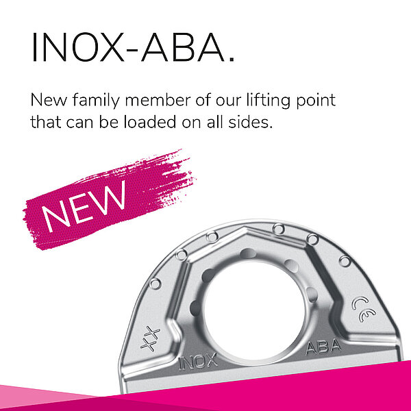 New RUD INOX-ABA lifting point made of stainless steel, loadable from all sides, with pink NEW label.