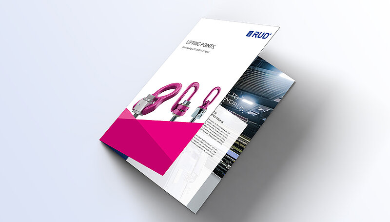 Product catalog for RUD's anchoring points, featuring purple products and pink design element.