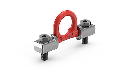 RUD Anschlagpunkt-Modell RBG mit rotem Ringbügel und zwei silbernen Befestigungsschrauben vor weißem Hintergrund.
