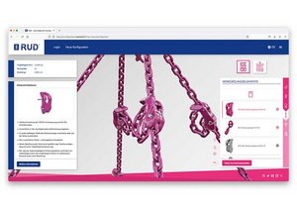 Anwendungansicht RUD 3D-Konfigurator beim Auswählen und Anpassen von Verkürzungselementen für ein Kettengehänge.