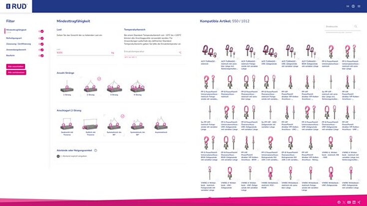 Konfiguratoransicht mit Auswahl nach Mindesttragfähigkeit, Anschlagart und Temperaturbereich.