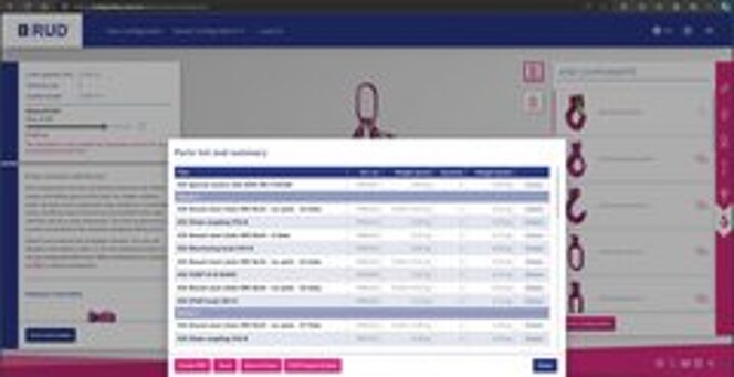 Auswahlfenster im RUD Anschlagmittel-Konfigurator zur digitalen Ausgabe von Produktdaten.