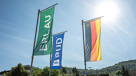Drei wehende Fahnen im Sonnenschein, mit den Aufschriften „ERLAU“ (grün) und „RUD“ (blau) sowie einer deutschen Flagge, vor blauem Himmel und bewaldeter Hügellandschaft.