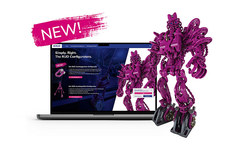 RUD configurator on laptop with purple CONFItron of chains and attachment points.