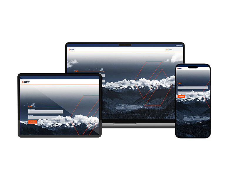 Cloudbasierte Prüf- und Dokumentationssoftware SYFIT auf Laptop, Tablet und Smartphone mit Login-Screen.