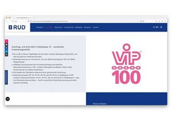 Anwendungansicht RUD 3D-Anschlagmittel-Konfigurator mit Informationen zu Anschlagmitteln aus Güteklasse 10 und dem VIP 100 Logo in Magenta.