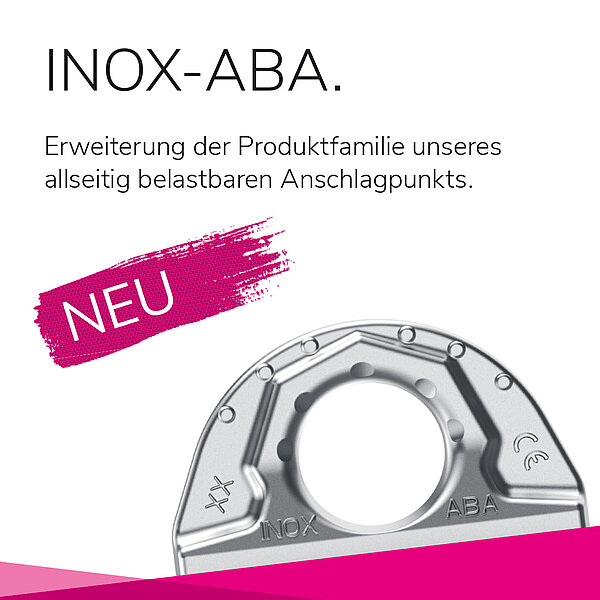 Neuer RUD INOX-ABA Anschlagpunkt aus Edelstahl, belastbar von allen Seiten, mit pinkem NEW-Hinweis.