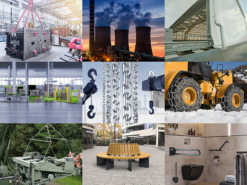 Collage mit Darstellung der RUD Unternehmensbereiche Anschlag- und Zurrmittel, Fördertechnik, Antriebstechnik, Mold Handling, Hebezeug- und Industrieketten, Reifenketten, Defence Technology, Freiraumausstattung und Barrierefreies Bad.