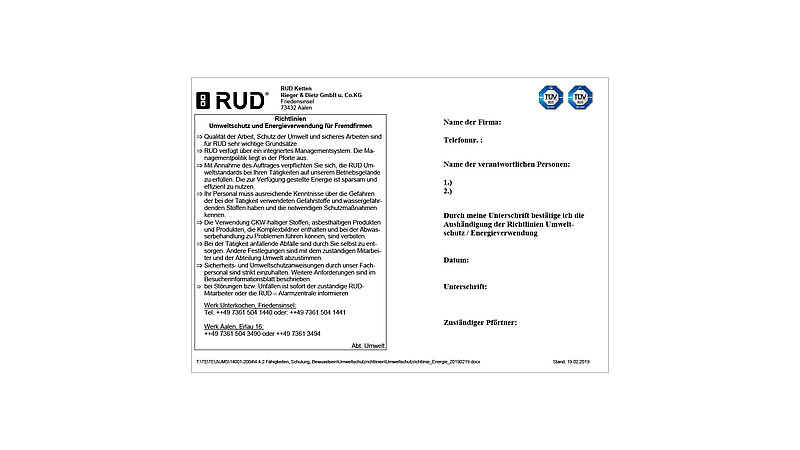 RUD Dokument mit Richtlinien zum Umwelt- und Energieschutz für Fremdfirmen, inklusive Unterschriftsfeld und TÜV-Logos.