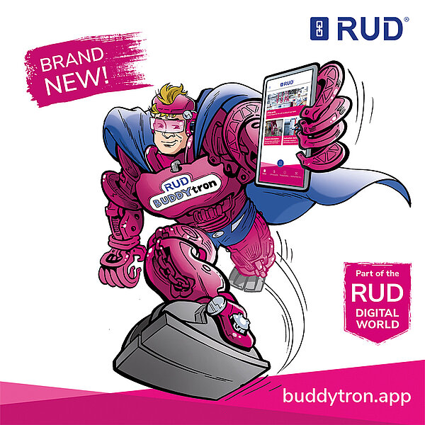 Comic hero BUDDYtron with smartphone presenting the RUD app as part of the RUD Digital World.