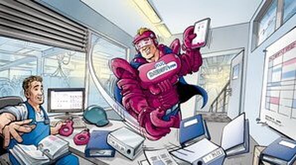 Comic-Held BUDDYtron wirbelt durch das Büro und ersetzt Ordnerchaos durch digitale Übersicht via BUDDYtron App.