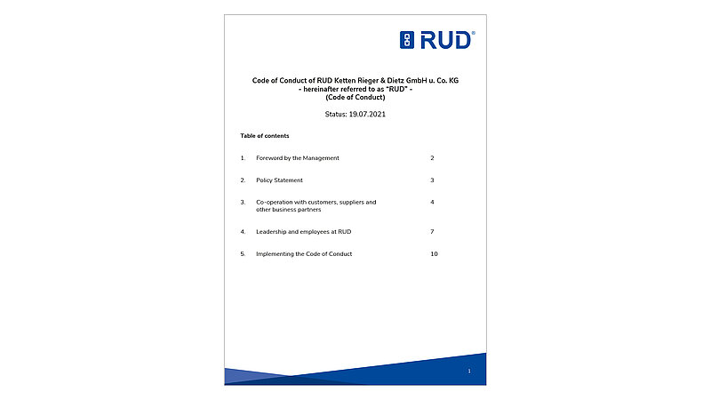 Titelseite des englischen RUD Code of Conduct mit Inhaltsverzeichnis zu Grundsätzen, Zusammenarbeit und Mitarbeiterführung.