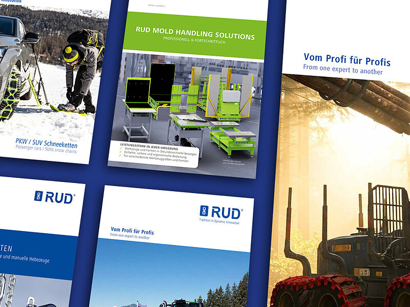 Ansicht mehrerer Titelseiten von RUD und ERLAU Katalogen und Broschüren mit Produktmotiven aus den Bereichen Ketten, Fördersysteme, Anschlagtechnik, Handling-Lösungen und barrierefreie Sanitärausstattung.