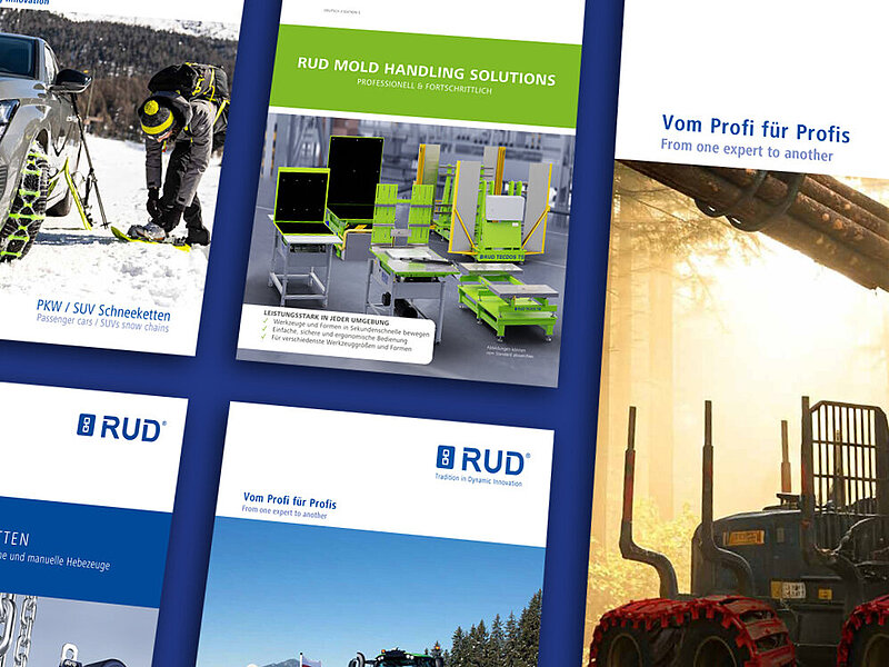 Ansicht mehrerer Titelseiten von RUD und ERLAU Katalogen und Broschüren mit Produktmotiven aus den Bereichen Ketten, Fördersysteme, Anschlagtechnik, Handling-Lösungen und barrierefreie Sanitärausstattung.