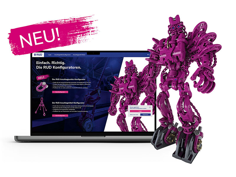 RUD-Konfigurator auf Laptop mit lila CONFItron aus Ketten und Anschlagpunkten.