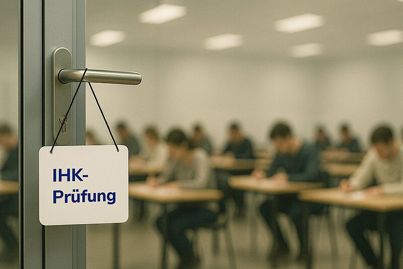 An der Türklinke einer Glastüre hängt ein Schild mit der Aufschrift „IHK-Prüfung“, während Personen in einem hellen Raum sitzen und konzentriert eine Prüfung schreiben.