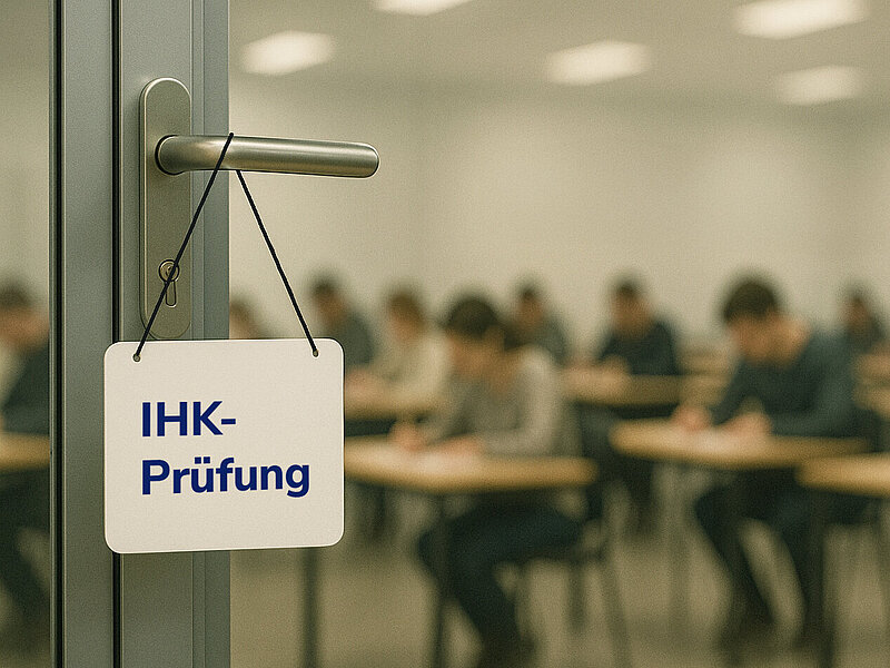 An der Türklinke einer Glastüre hängt ein Schild mit der Aufschrift „IHK-Prüfung“, während Personen in einem hellen Raum sitzen und konzentriert eine Prüfung schreiben.