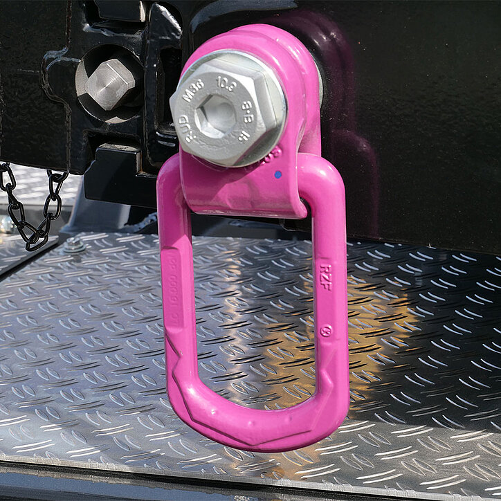 RUD-Zurrpunkt in auffälligem Pink, montiert auf einer rutschfesten Metallplattform mit Riffelblech. Der Zurrpunkt ist mit einer großen Schraube befestigt und trägt die Kennzeichnung RZF sowie eine Tragfähigkeitsangabe.