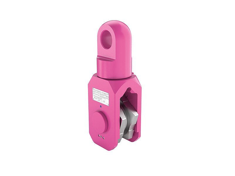 RUD VIP-Sonderaufhängung für kraftausgleichendes Heben mit integrierter Mechanik, pink lackiert.