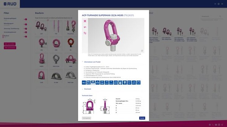 Screenshot des RUD-Konfigurators mit Auswahlfilter für Bauformen und passenden Anschlagpunkten.