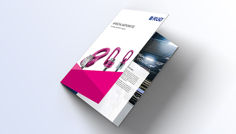 Produktkatalog für Anschlagpunkte von RUD, mit violetten Produkten und dem Designelement in pink.