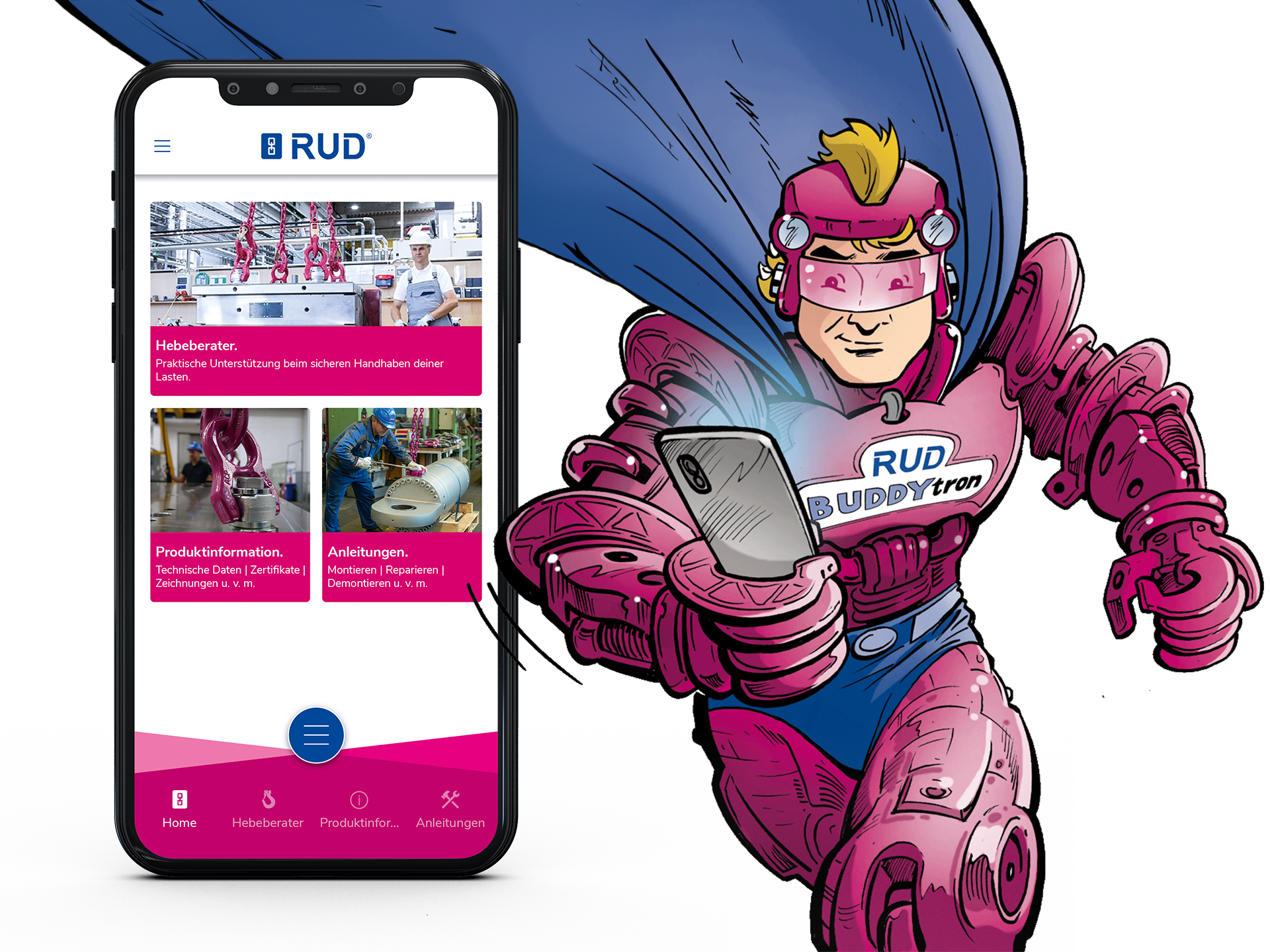 BUDDYtron präsentiert die App von RUD als digitalen Helfer für sicheres Heben und moderne Industrieanwendungen.