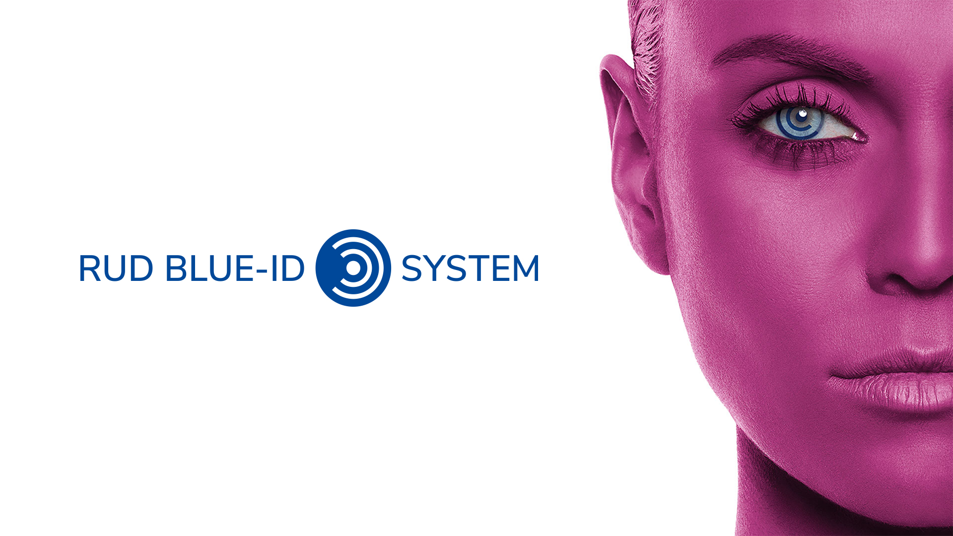Visual des RUD BLUE-ID Systems mit stilisiertem RFID-Icon und einer halb gezeigten, magentafarbenen Frauenfigur mit digitalem Auge.