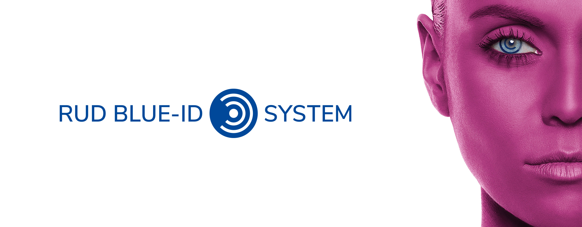 Visual des RUD BLUE-ID Systems mit stilisiertem RFID-Icon und einer halb gezeigten, magentafarbenen Frauenfigur mit digitalem Auge.
