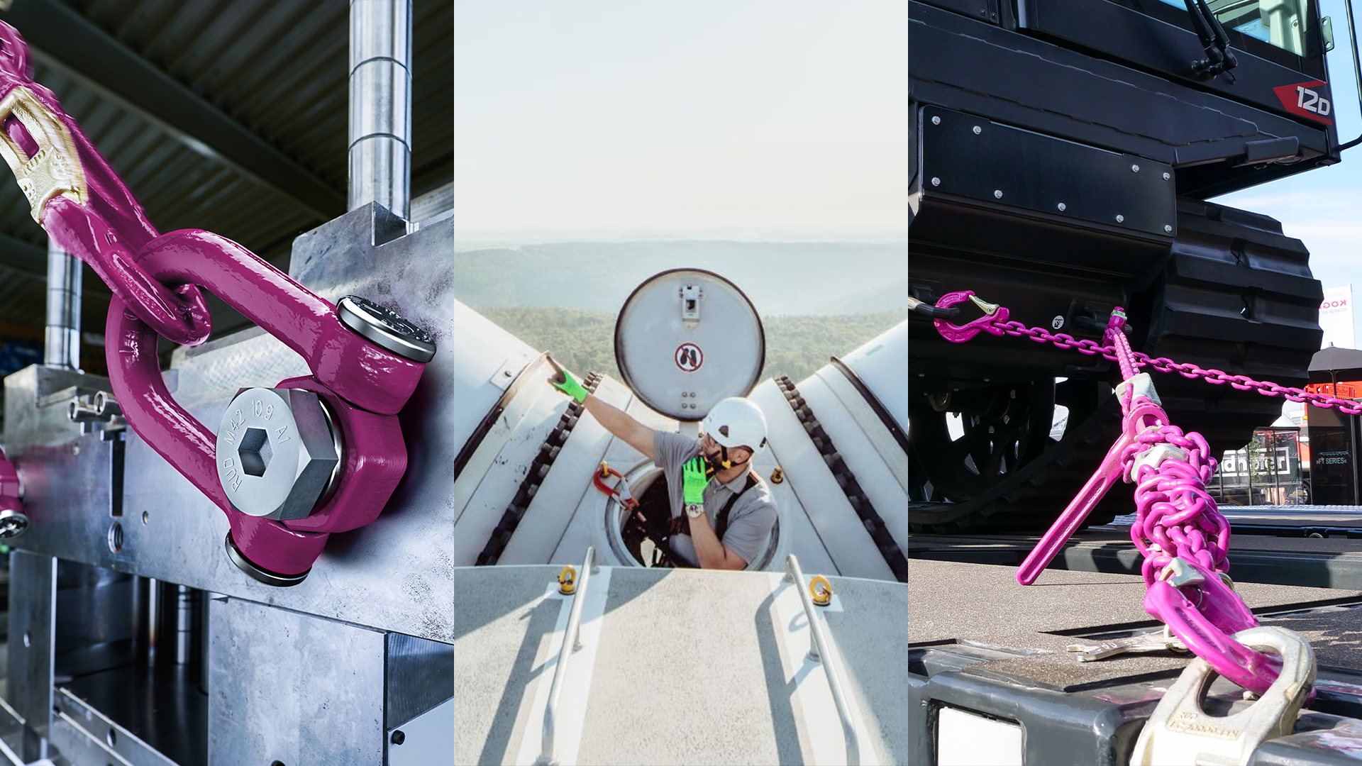 Collage: Pinkes RUD-Anschlagmittel, Techniker in Windkraftanlage, Zurrkette sichert Baumaschine.