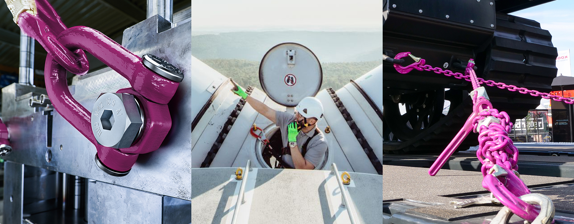 Collage: Pinkes RUD-Anschlagmittel, Techniker in Windkraftanlage, Zurrkette sichert Baumaschine.