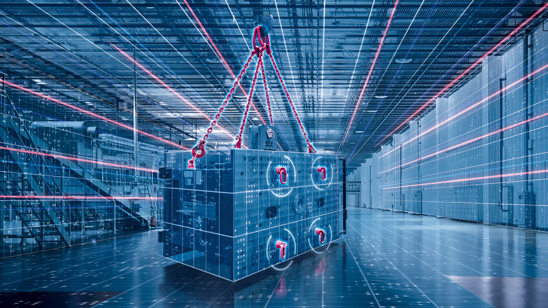 Digital bearbeitete Szene: Schwerlast mit RUD-Anschlagmitteln wird in einer futuristischen Halle gehoben.