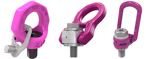Drei unterschiedliche Anschlagpunkte von RUD, dargestellt in einem markanten pinken Farbton, für industrielle Anwendungen, mit Schraubmechanismus und hoher Belastbarkeit.