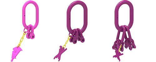 Drei unterschiedliche Aufhängeköpfe von RUD in pinker Farbe, mit stabilen Verbindungen und innovativem Design für industrielle Anwendungen.