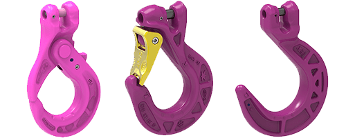 Drei verschiedene Endbauteile von RUD in pinker Farbe, speziell designt für den sicheren Anschluss in Hebe- und Zurrsystemen, ausgestattet mit innovativen Funktionen.