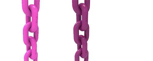 Zwei Abschnitte einer RUD-Hebekette in pink, die miteinander verbundene Kettenglieder für den sicheren Lastentransport und -hanging im Hebe- und Zurrsystem.