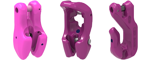 Drei pinke Verkürzungsstücke für Hebe- und Zurrsysteme von RUD, die für präzise Lastenkontrolle und -sicherung durch maßgeschneiderte Verbindungen ausgelegt sind.