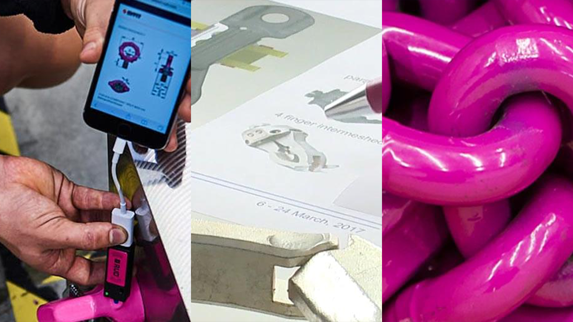 Collage: Digitale Produktprüfung per Smartphone, technische Zeichnung, Nahaufnahme pinker RUD-Kette.