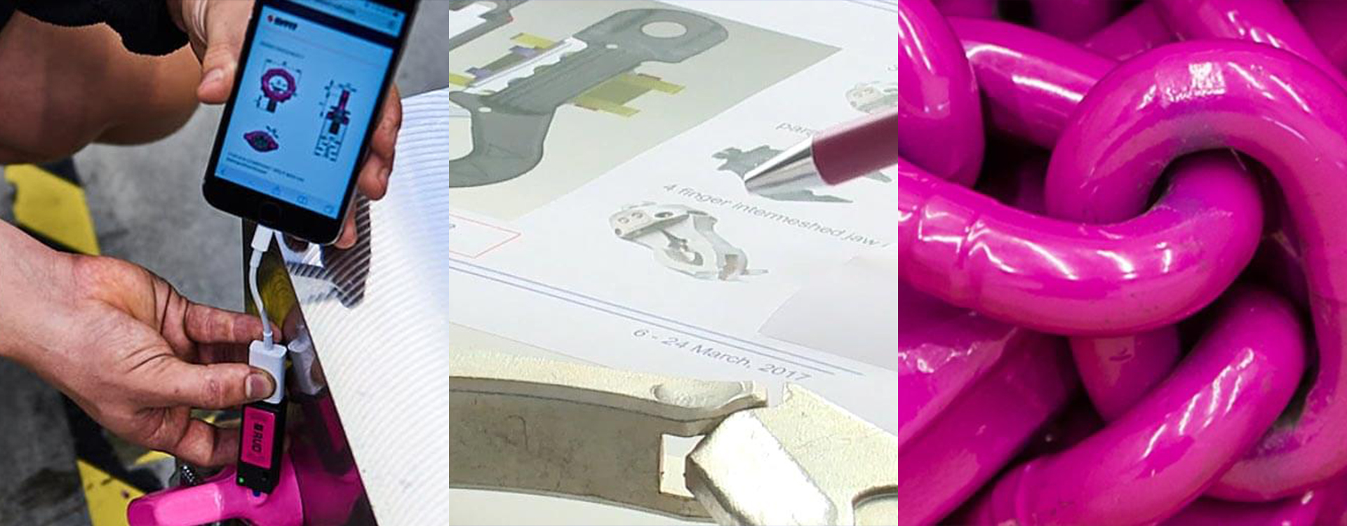 Collage: Digitale Produktprüfung per Smartphone, technische Zeichnung, Nahaufnahme pinker RUD-Kette.
