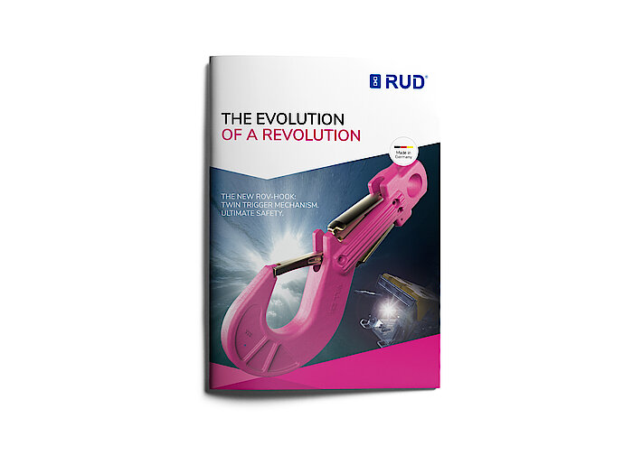 Broschüre mit pinkem RUD ROV-Haken und dem Titel „The Evolution of a Revolution“.