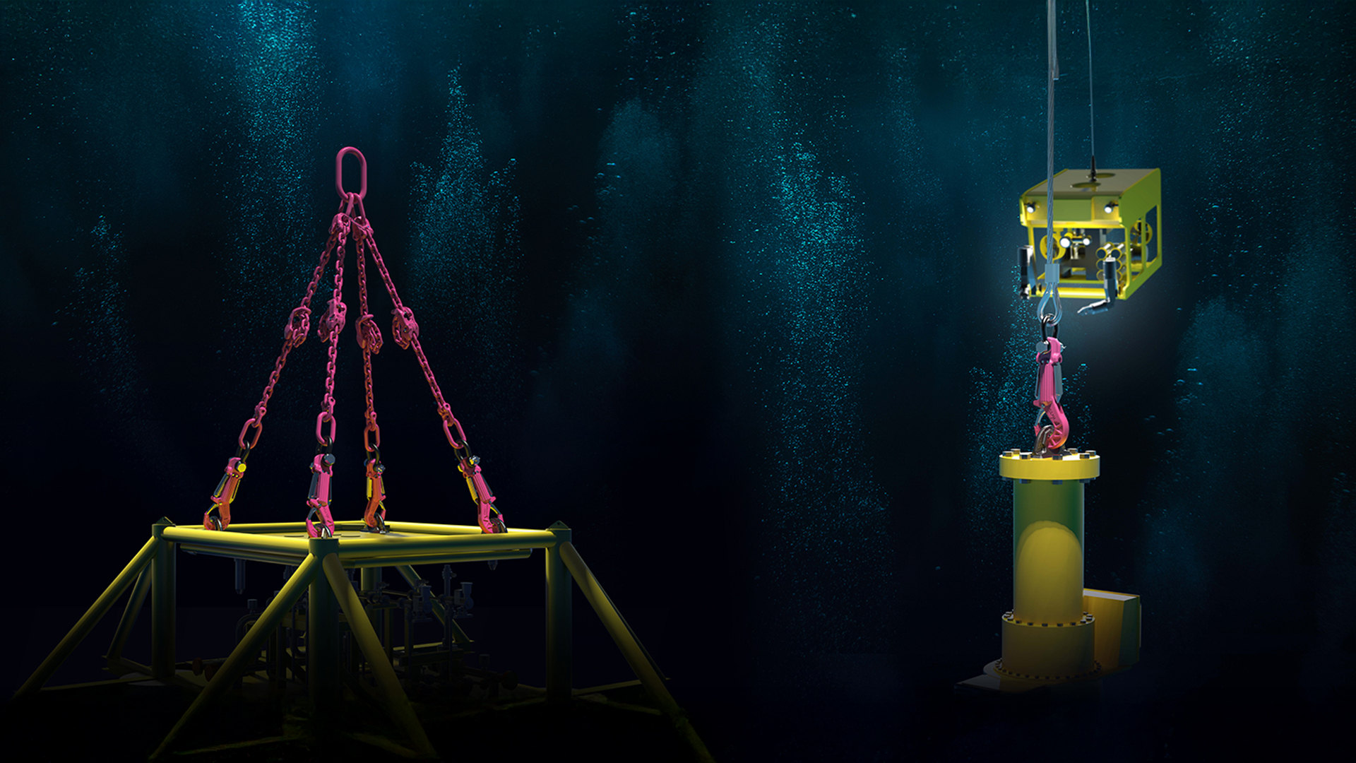 RUD Unterwasser-Hebesysteme mit pinken Anschlagpunkten und ROV-Haken im Tiefsee-Einsatz.