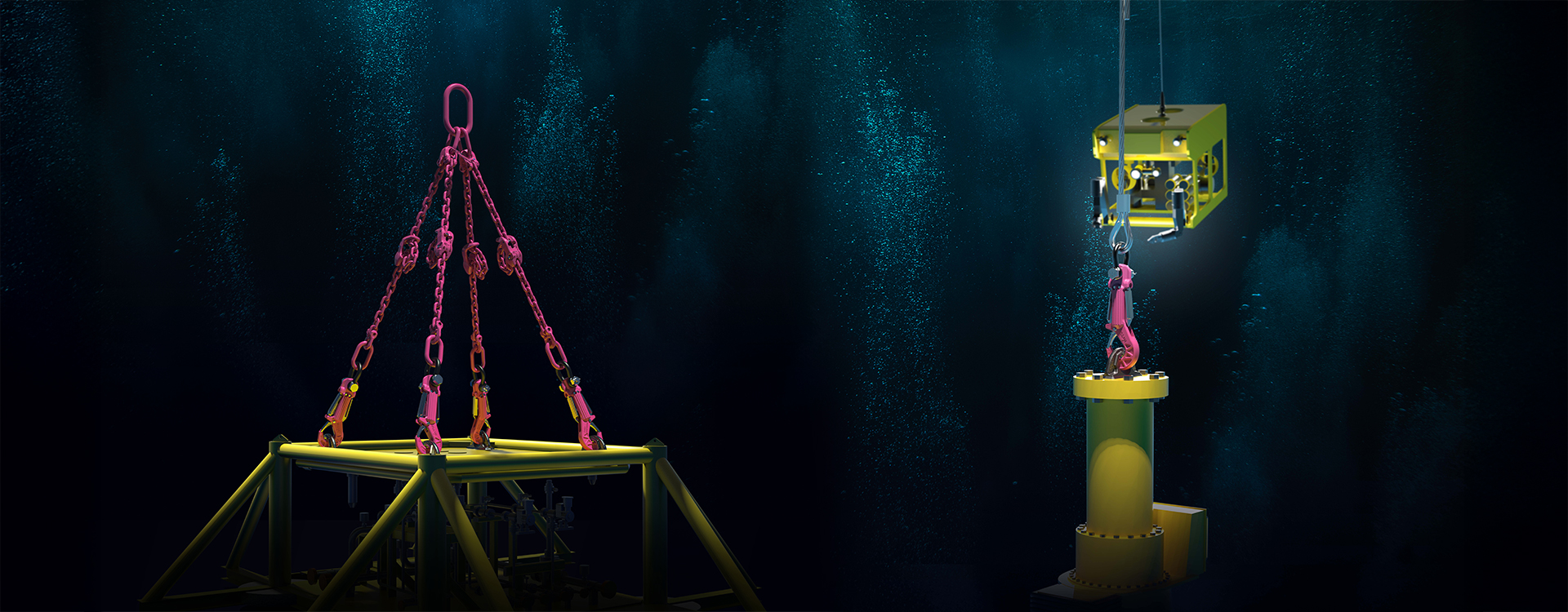 RUD Unterwasser-Hebesysteme mit pinken Anschlagpunkten und ROV-Haken im Tiefsee-Einsatz.