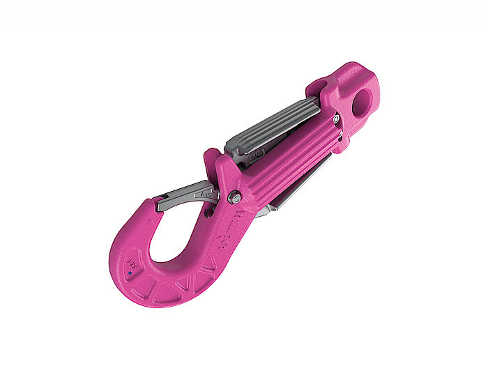 ROV-Haken von RUD in Pink mit silbernem Twin-Trigger-Mechanismus, seitlich freigestellt auf weißem Hintergrund.