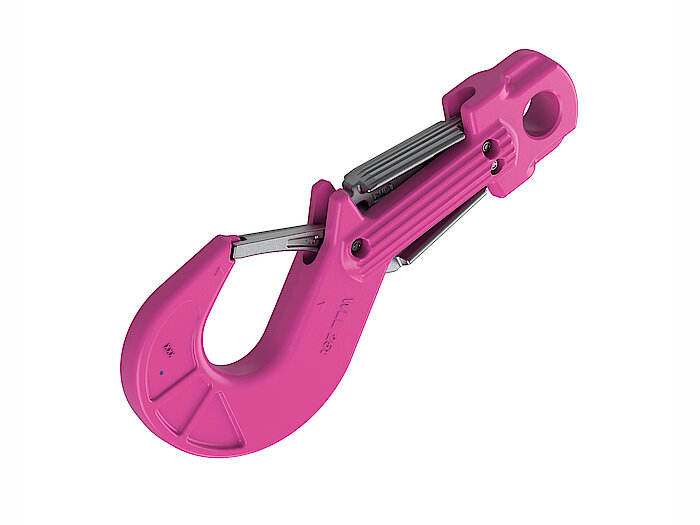 ROV-Haken von RUD in Pink mit silbernem Twin-Trigger-Mechanismus, seitlich freigestellt auf weißem Hintergrund.