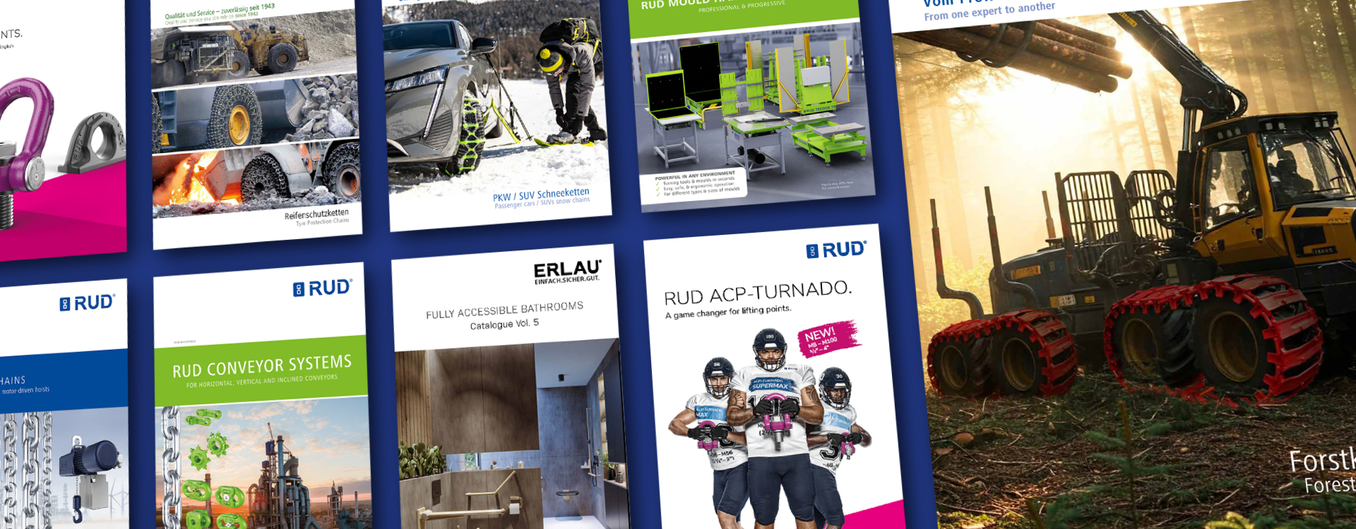 View several front pages of RUD and ERLAU catalogues and brochures featuring product images from the areas of chains, conveyor systems, slinging technology, handling solutions and accessible sanitary equipment.