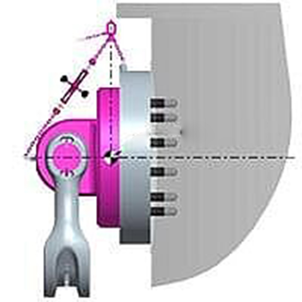 Grafische Darstellung einer Schwerlastaufnahme mit RUD-Komponenten, montiert an einem Flansch; pinke Anschlagpunkte und eine massive Verbindung zur Lastaufnahme sind erkennbar.