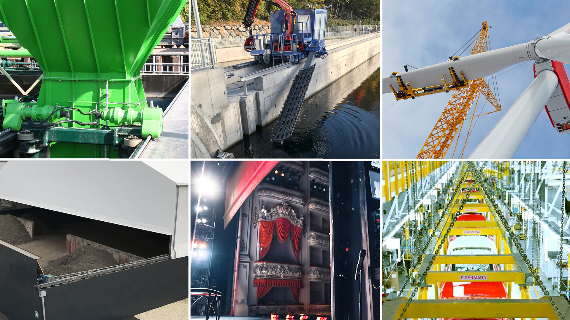Collage verschiedener Industrieanwendungen mit RUD-Antriebstechnik: Förderanlagen, Bühnenhub, Windkraft, Wasserbau und Automobilproduktion.